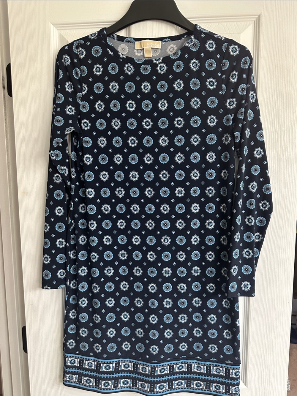 Women's Michael Kors Navy Blue Printed Long-Sleeve Shift Dress